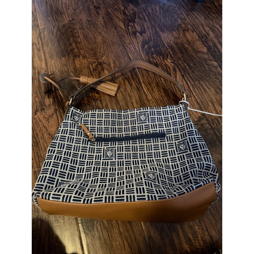 Anne Klein Hobo Bag Blue White Woven Geometric Tassel Shoulder Bag Tan Trim